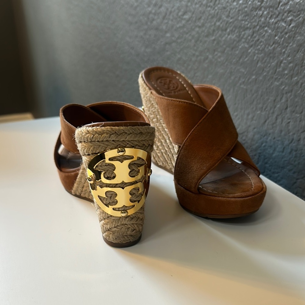 Tory Burch Brown Leather Wedge Sandals with Cork Heel